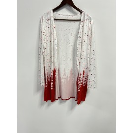 Plus Size Christmas Coat, Women's Plus Christmas Tree Print Long Sleeve Open Front Slight Stretch Cardigan Coat