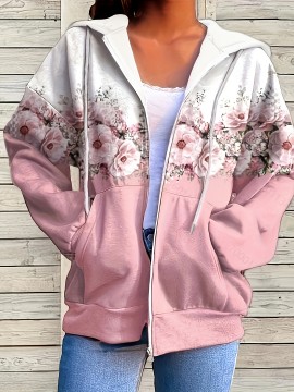 Plus Size Casual Coat, Women's Plus Ombre Floral Print Hooded Drawstring Long Sleeve Zip Up Medium Stretch Coat With Kangaroo Pockets