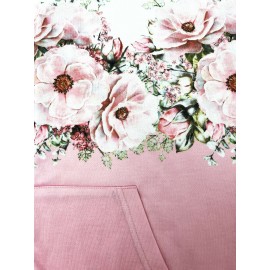 Plus Size Casual Coat, Women's Plus Ombre Floral Print Hooded Drawstring Long Sleeve Zip Up Medium Stretch Coat With Kangaroo Pockets