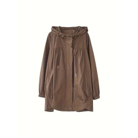 Plus Size Solid Hooded Trench Coat, Casual Zip Up Long Sleeve Coat, Women's Plus Size Clothing