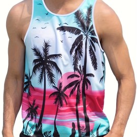 Coconut Tree Print, Men's Tanktop, Casual Loose Sleeveless Shirt For Summer Holiday