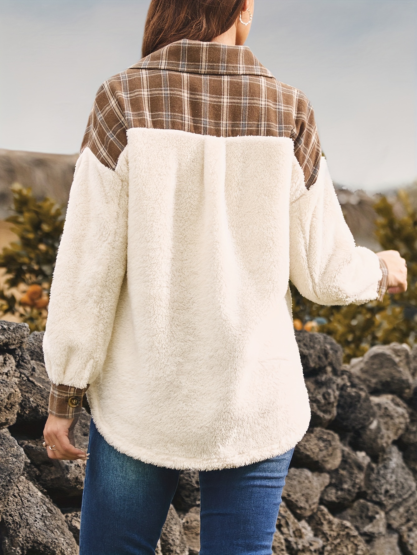 plus size plaid stitching jacket casual long sleeve collar colorblock outwear womens plus size clothing details 1