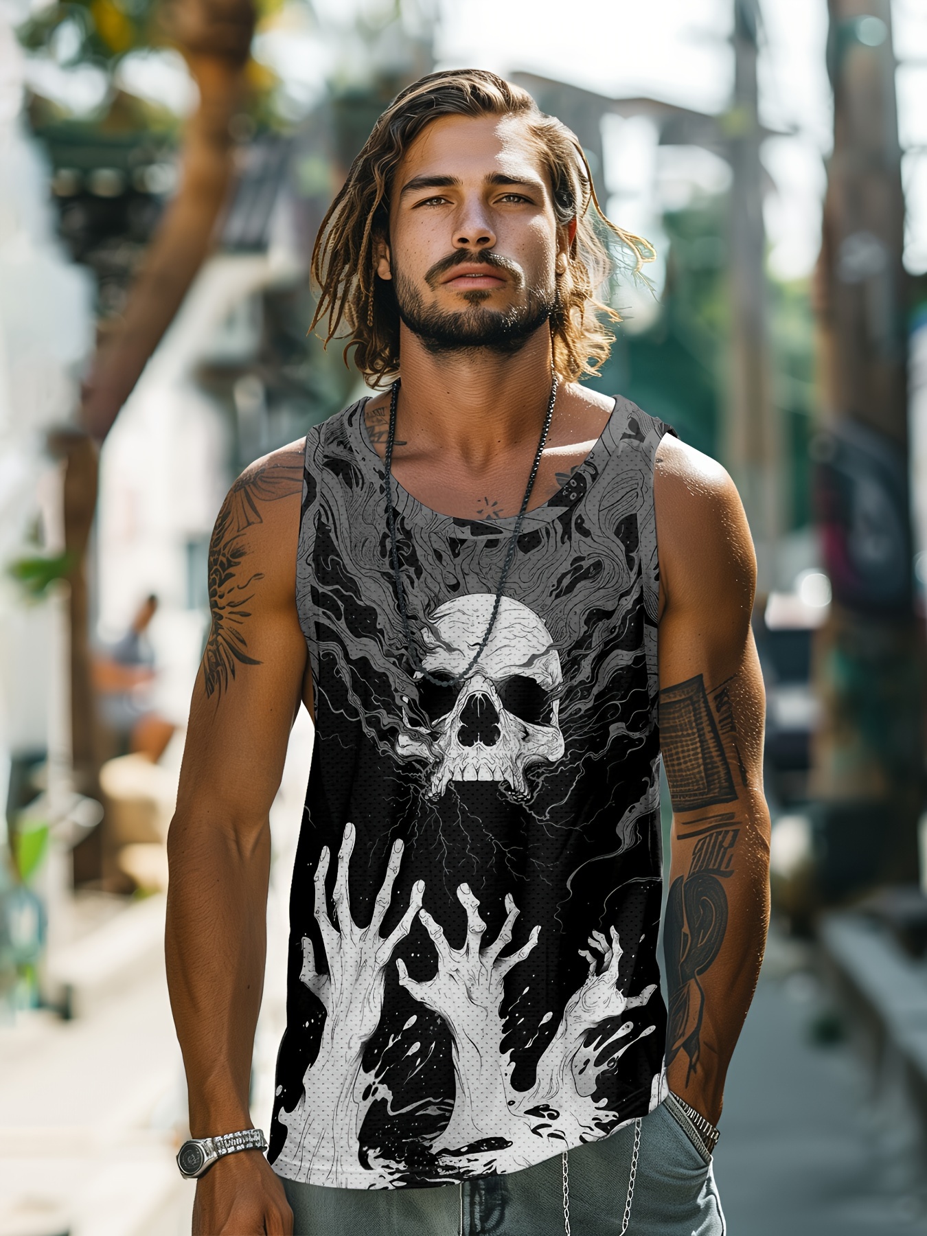 White Skull Palms Print Men s Summer Black Sleeveless Vest Smooth Comfort Fit Loose Sleeveless Beach Vacation Vest Trendy Fashion Clothing Tops details 0