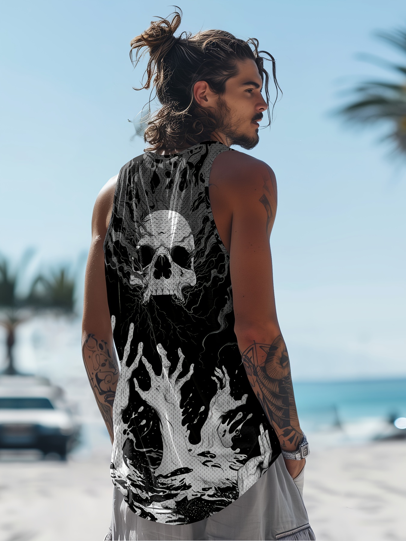 White Skull Palms Print Men s Summer Black Sleeveless Vest Smooth Comfort Fit Loose Sleeveless Beach Vacation Vest Trendy Fashion Clothing Tops details 1